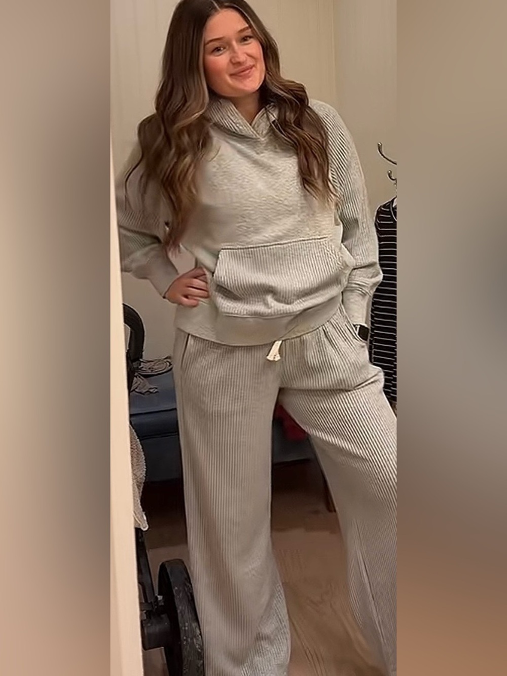 Aerie Essentials Two Piece Waffle Ribbed Cozy Lounge Viral Set Light Grey Small